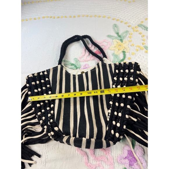 Striped Fringe Tote Bag Bohemian Purse Black Cream Woven Rope Handles - Picture 6 of 8